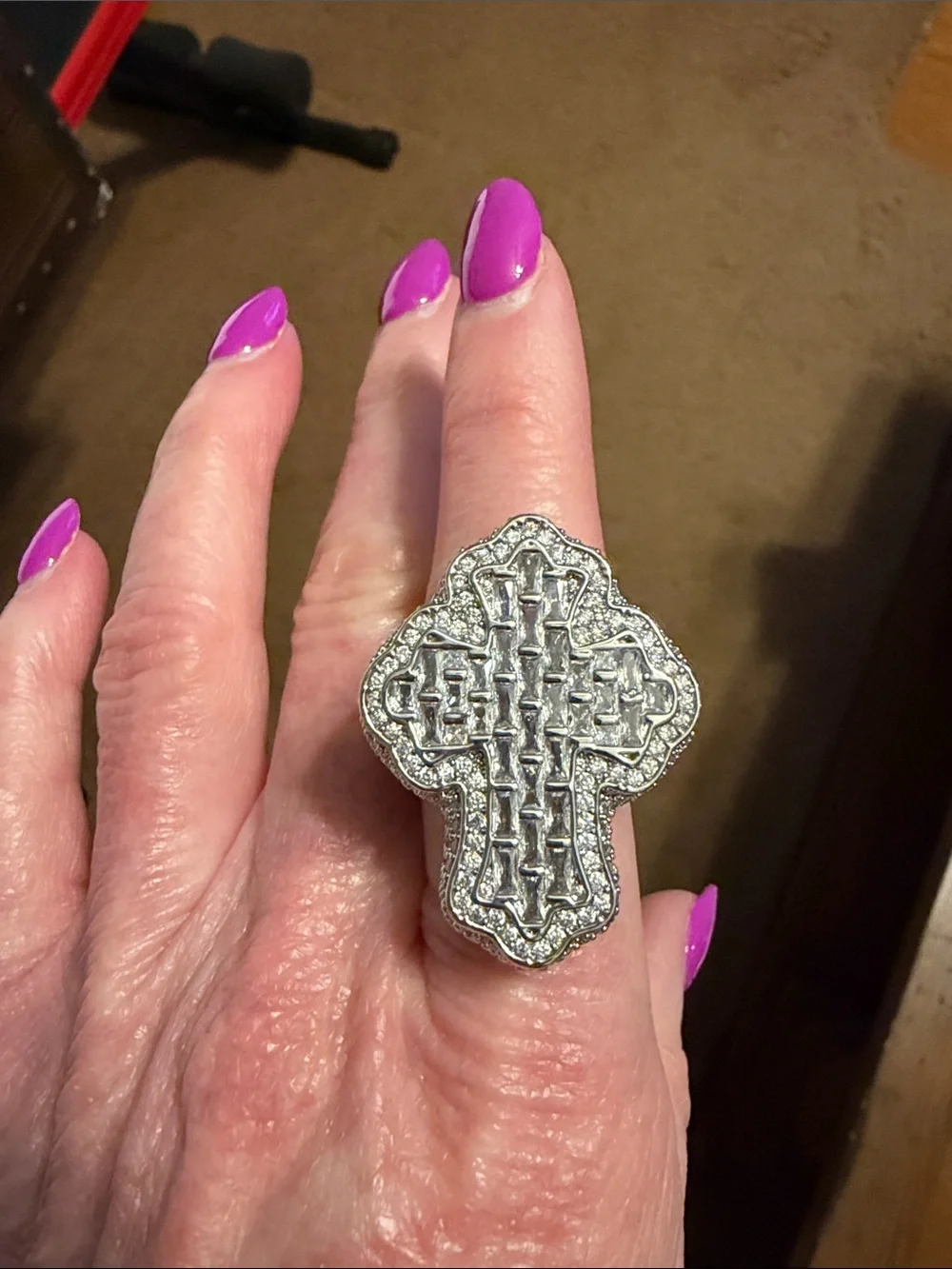 Silver Crystal Cross Ring with Woven Detail
